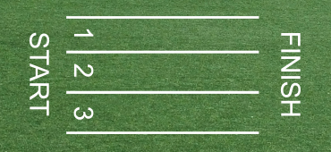 Small green 2D rendering sample of running lanes, four horizontal white lines making up three numbered lanes, “Start” and “Finish” words striped on each sides. 